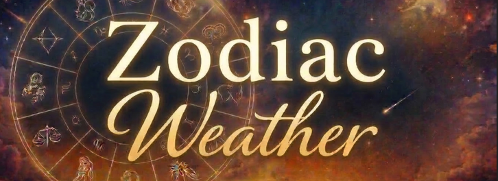 Zodiac Weather logo on a celestial background with a zodiac wheel